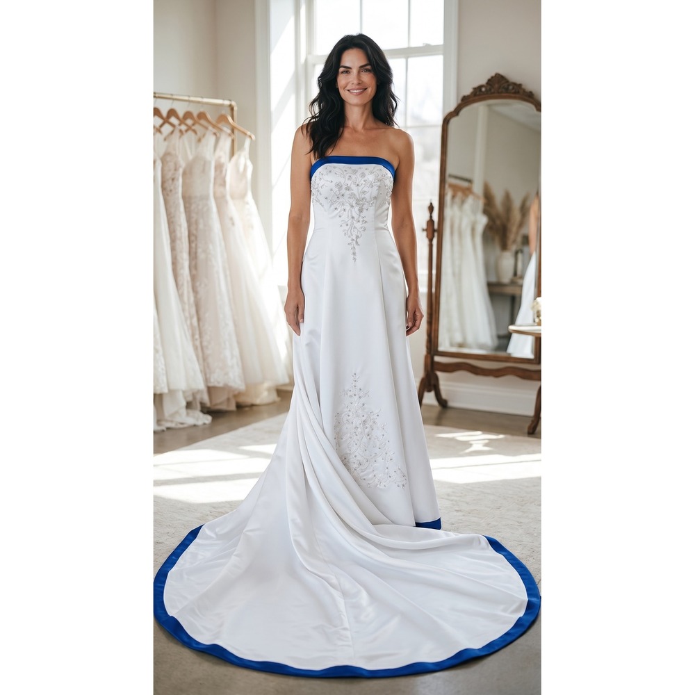 White Satin Strapless Wedding Dress Royal‎ Blue Embroidery Sequin A-Line Train